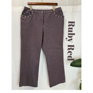 Ruby Rd. Embellished Straight Leg Pants Size 16 | Brown Beaded Floral Pocket